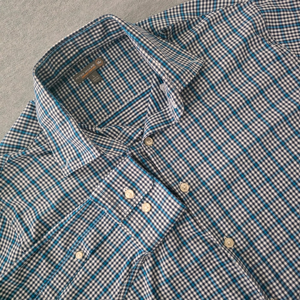 Peter Millar Summer Comfort Mens Large Blue Gingham Check Performance Shirt L